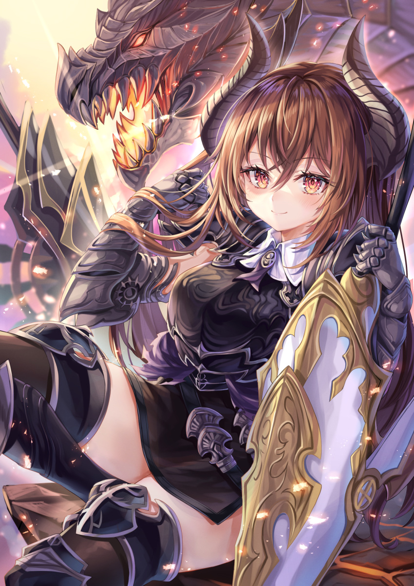 1girl 1other akami770 armor belt black_armor blush breastplate breasts brown_hair closed_mouth dragon dragon_girl dragon_horns fangs foot_out_of_frame forte_(shingeki_no_bahamut) gauntlets greaves hair_between_eyes highres holding holding_sword holding_weapon horns lance large_breasts long_hair miniskirt molten_rock polearm red_eyes scabbard shadowverse sheath shield shingeki_no_bahamut shirt shoulder_armor side_slit sitting skirt smile solo_focus sword thick_thighs thigh-highs thighs very_long_hair weapon white_shirt wing_collar
