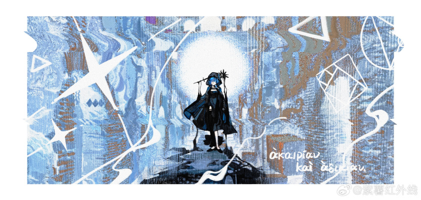 1girl arcana_(reverse:1999) black_cape black_dress black_footwear blue_background blue_hair border cape chinese_commentary commentary_request dress full_body highres hood hooded_cape long_hair reverse:1999 solo staff standing translation_request white_border zi_shu_hongwaixian