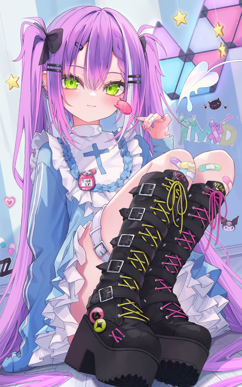 1girl 333shishishi333 :3 absurdres badge bandaged_fingers bandages bandaid bandaid_on_hand bandaid_on_knee bandaid_on_leg black_bow black_footwear boots bow button_badge candy choppy_bangs cross cross_earrings crucifix demon_tail dress ear_chain earrings food footwear_focus frilled_dress frills green_eyes hair_bow hair_ornament hairclip highres holding holding_candy holding_food holding_lollipop hololive jewelry knees_up lollipop long_hair looking_at_viewer multicolored_hair pink_nails platform_boots platform_footwear purple_hair sidelocks tail thigh_strap tokoyami_towa twintails two-tone_hair very_long_hair white_hair