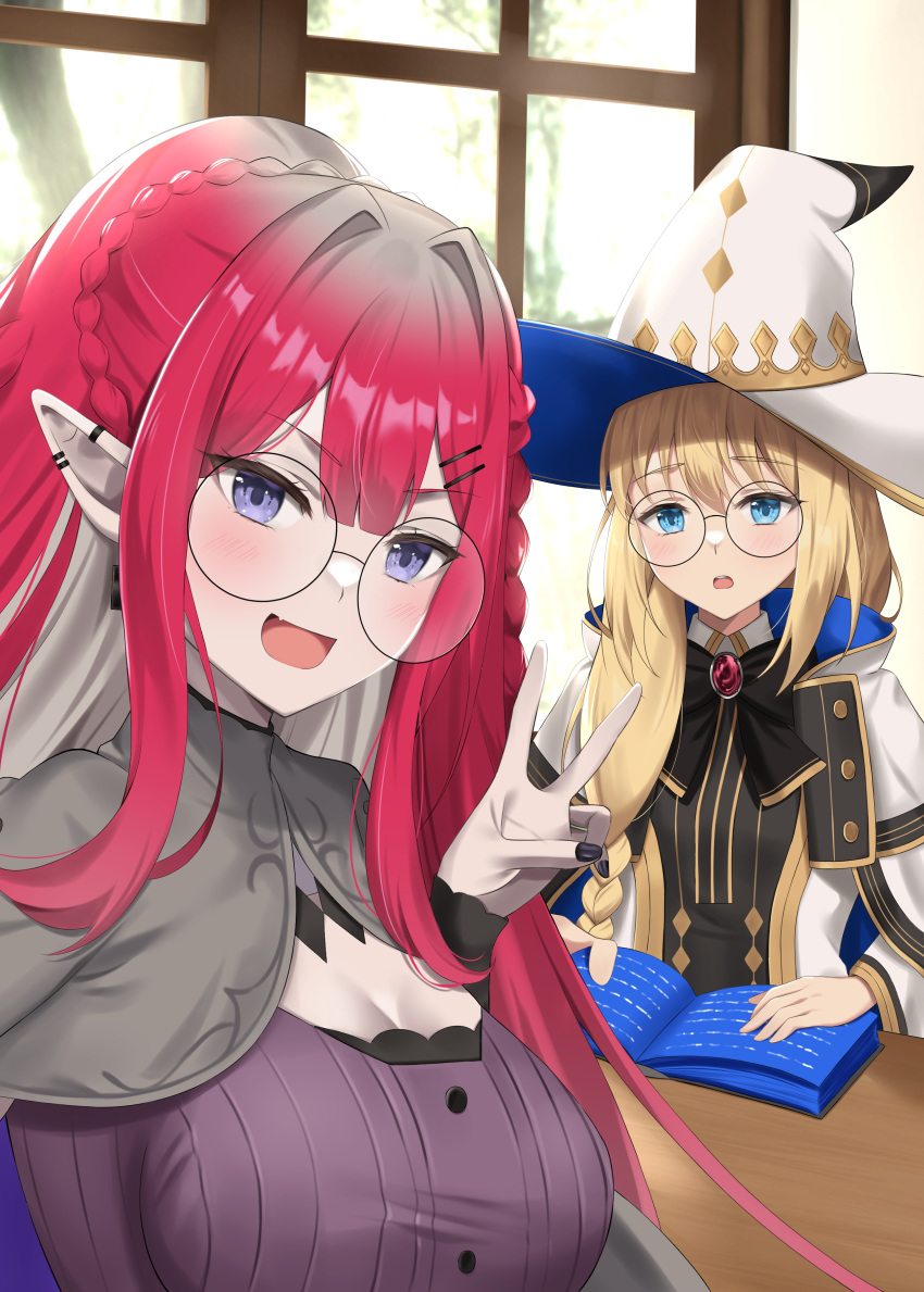 2girls absurdres baobhan_sith_(fate) baobhan_sith_(swimsuit_pretender)_(fate) baobhan_sith_(swimsuit_pretender)_(first_ascension)_(fate) black_nails blonde_hair blue_eyes blush book bow breasts colored_inner_hair day earrings fate/grand_order fate_(series) glasses grey_eyes hat highres indoors jewelry long_hair looking_at_viewer multicolored_hair multiple_girls nail_polish open_mouth pointy_ears reading redhead robe sidelocks sitting smile surprised table tonelico_(fate) tonelico_(first_ascension)_(fate) upper_body v white_headwear white_robe window witch_hat yuyuenimo
