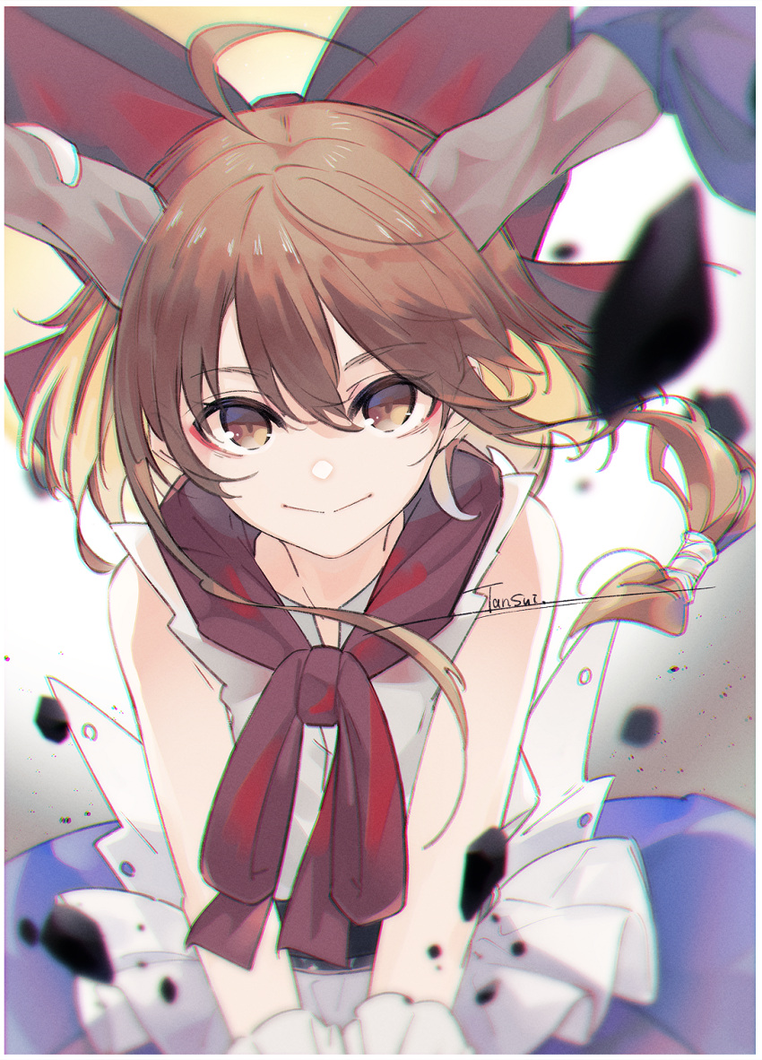 1girl ahoge border bow bowtie brown_eyes brown_hair brown_horns chromatic_aberration closed_mouth commentary_request commission cowboy_shot flat_chest hair_between_eyes hair_bow highres horn_bow horn_ornament horns ibuki_suika long_hair looking_at_viewer low-tied_long_hair medium_bangs o_(crazyoton46) purple_bow purple_skirt red_bow red_bowtie rock shirt signature skeb_commission skirt sleeveless sleeveless_shirt smile solo split_mouth touhou white_border white_shirt wrist_cuffs