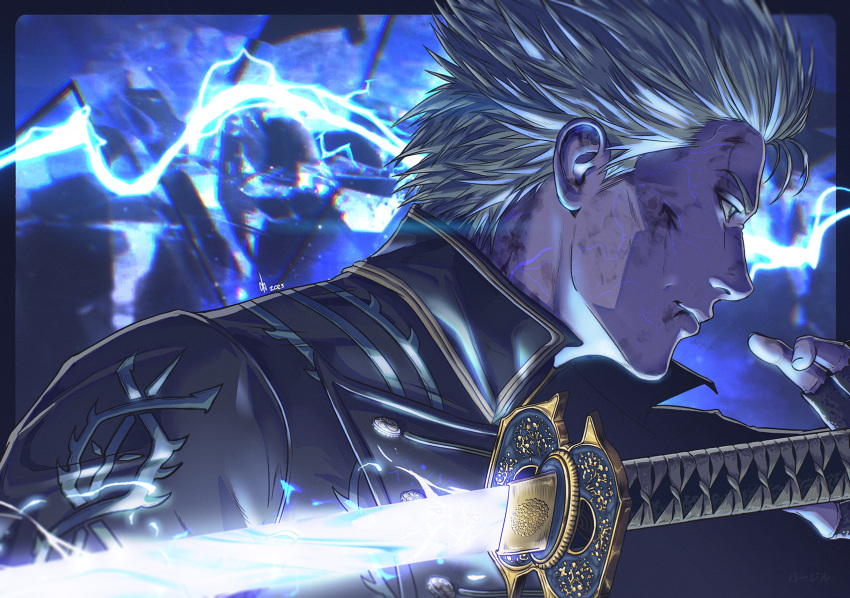 1boy black_gloves blue_coat blue_eyes closed_mouth coat devil_may_cry_(series) devil_may_cry_5 fingerless_gloves gloves highres holding holding_sword holding_weapon jhony_caballero katana male_focus short_hair solo sword vergil_(devil_may_cry) weapon white_hair yamato_(sword)