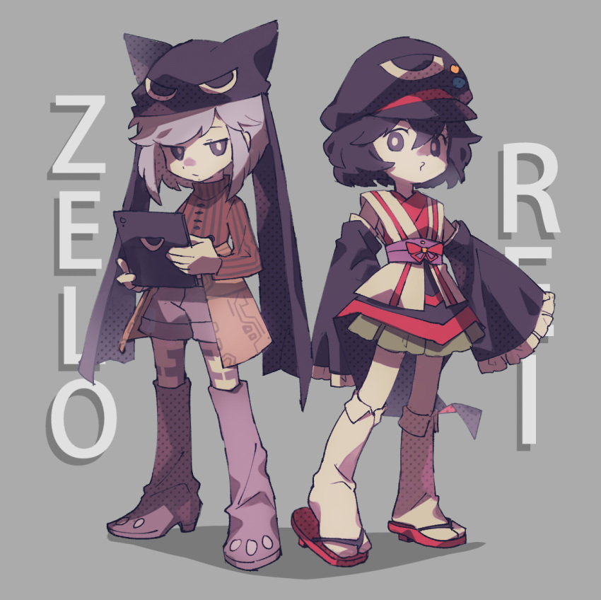 2others :s androgynous animal_ear_headwear beanie black_hair black_headwear black_sleeves boots bow brown_sweater buttons cabbie_hat character_name closed_mouth collared_socks commentary detached_sleeves english_commentary eye_of_senri eye_on_hat frilled_sleeves frills frown full_body geta green_hakama green_skirt grey_background grey_footwear grey_hair grey_shorts hakama hakama_short_skirt hakama_skirt hat hat_pin holding holding_tablet_pc japanese_clothes jeto_(jetopyon) kimono knee_boots kneehighs len'en long_sleeves multiple_others other_focus pale_skin red_bow red_footwear rei_(len'en) shadow short_hair shorts skirt sleeveless sleeveless_kimono socks sweater tabi tablet_pc turtleneck turtleneck_sweater vertical-striped_sweater waist_bow white_kimono white_socks wide_sleeves zelo_(len'en)