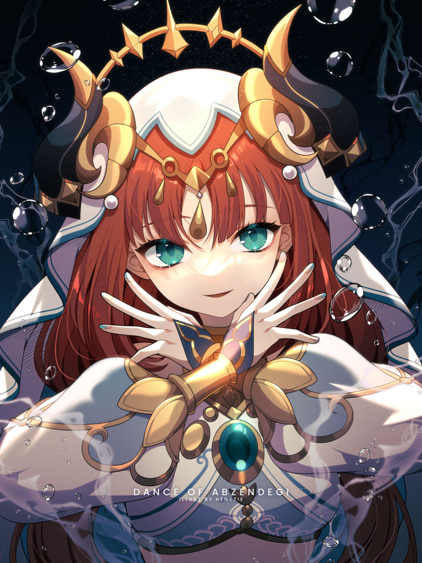 1girl aqua_eyes aqua_gemstone artist_name black_background black_horns blue_nails blue_shirt blue_sleeves blue_trim blunt_bangs chest_jewel commentary crop_top crossed_arms english_commentary english_text eyelashes genshin_impact gold_horns hair_ornament harem_outfit hen-tie highres horns long_hair long_sleeves looking_at_viewer multicolored_nails multiple_horns nail_polish nilou_(genshin_impact) open_mouth orange_hair pink_nails puffy_long_sleeves puffy_sleeves shirt smile solo stomach two-tone_shirt two-tone_sleeves upper_body vision_(genshin_impact) water_drop watermark white_shirt white_sleeves white_veil