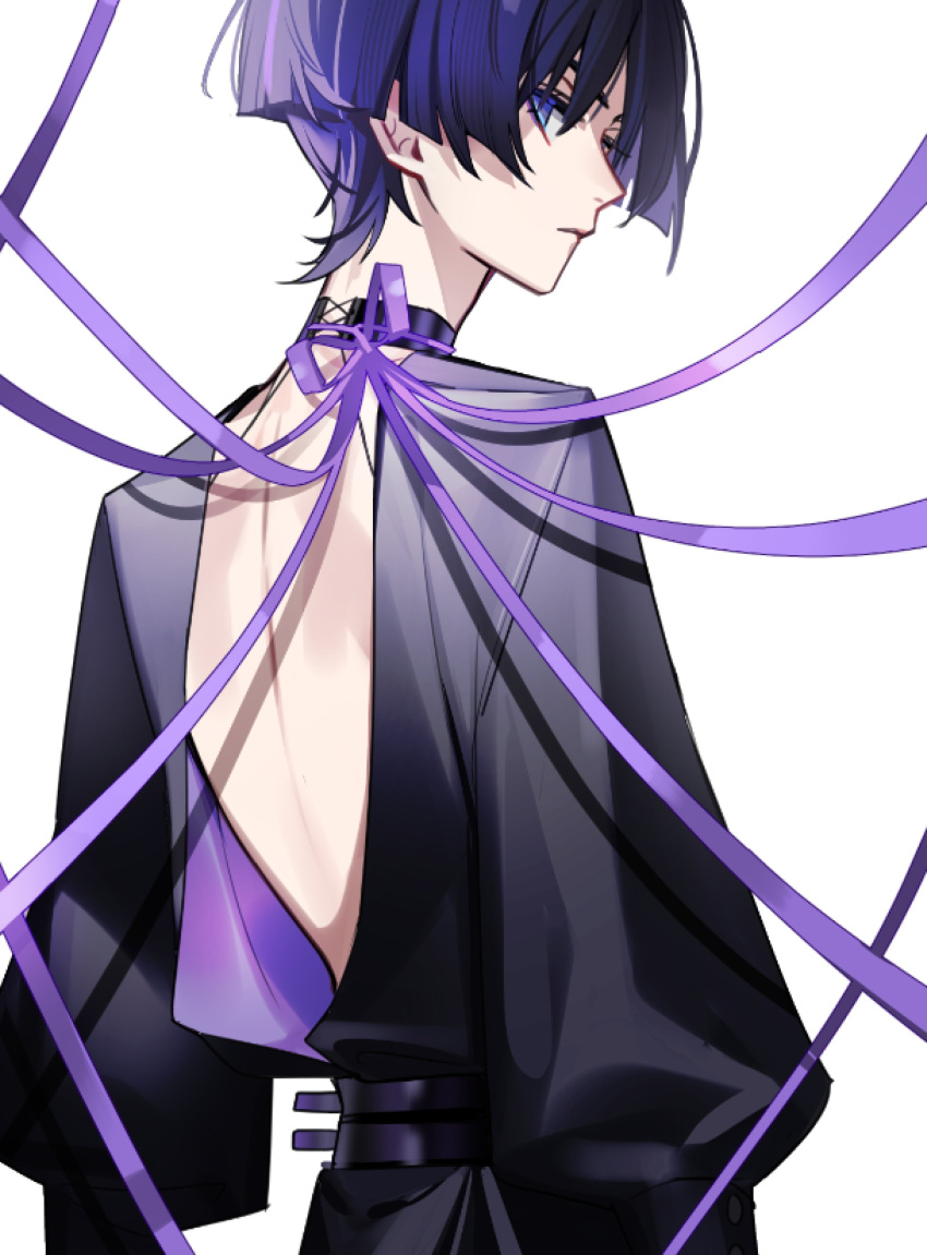 1boy absurdres backless_outfit bishounen cowboy_shot from_behind genshin_impact highres kanishiima looking_at_viewer looking_back male_focus purple_hair scaramouche_(genshin_impact) short_hair simple_background solo white_background