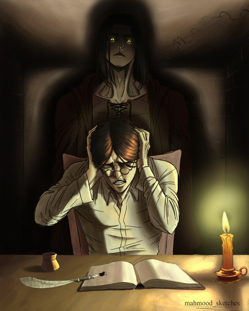 2boys book brown_hair candlelight collared_shirt dark_room eren_yeager father_and_son glasses glowing glowing_eyes goatee_stubble grisha_yeager hands_on_own_head head_tilt headache highres hood hooded_jacket jacket mahmood_(geeksketch) male_focus multiple_boys open_book quill shingeki_no_kyojin shirt short_hair symbolism upper_body