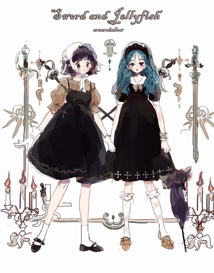 2girls :o ankle_socks artist_name black_dress black_eyes black_eyeshadow black_footwear black_hairband blue_hair blunt_bangs blush_stickers bonnet bow bowtie bracelet brown_bow brown_bowtie brown_eyes brown_eyeshadow brown_footwear brown_shirt candelabra candle candlestand closed_mouth collar collarbone collared_dress commentary cross_print dress english_commentary english_text expressionless eyelashes eyeshadow frilled_footwear frilled_hairband frilled_headwear frilled_shirt frilled_sleeves frilled_socks frills full_body gloves gothic_lolita hairband highres holding holding_hands holding_umbrella jewelry kneehighs lolita_fashion lolita_hairband looking_at_viewer makeup mary_janes medium_dress medium_hair multiple_girls neck_ribbon original parasol parted_lips puffy_short_sleeves puffy_sleeves purple_hair purple_umbrella putong_xiao_gou rapier red_lips ribbon ribbon-trimmed_socks shirt shoes short_hair short_sleeves sleeveless sleeveless_dress socks spaghetti_strap sword umbrella weapon weapon_on_back white_background white_collar white_gloves white_headwear white_ribbon white_socks