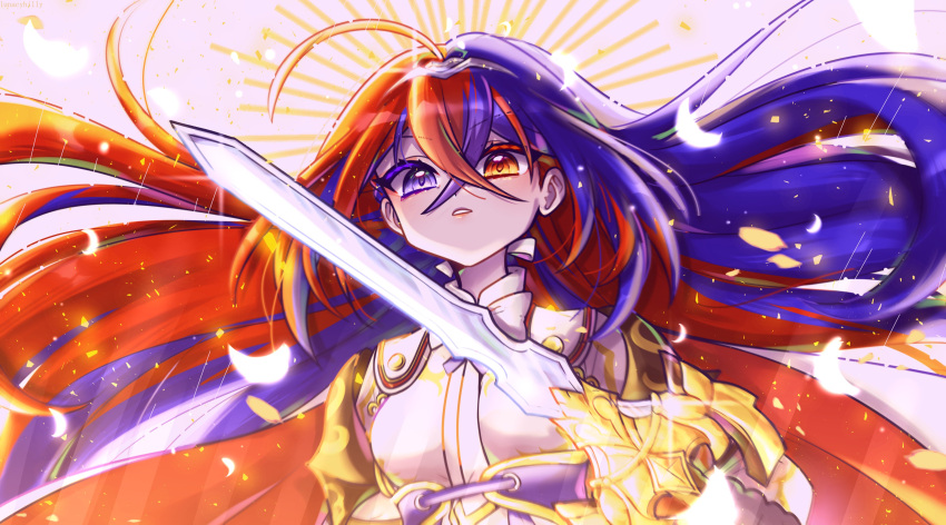 1girl absurdres alear_(female)_(fire_emblem) alear_(fire_emblem) blue_eyes fire_emblem fire_emblem_engage heterochromia highres holding holding_sword holding_weapon liberation_(fire_emblem) lunacyhilly multicolored_hair open_mouth red_eyes solo sword two-tone_hair upper_body weapon