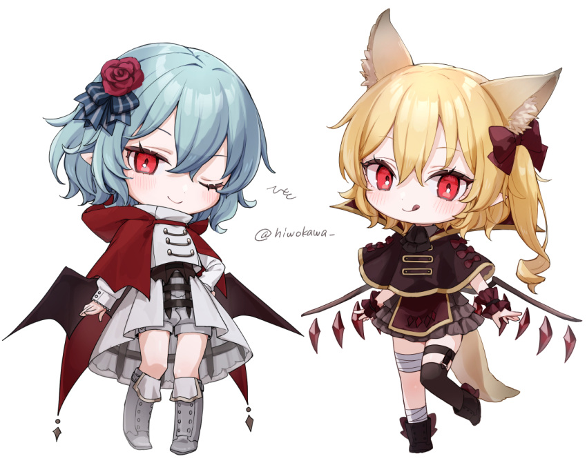 2girls alternate_costume animal_ears blonde_hair capelet cat_ears chibi flandre_scarlet honotai licking_lips multiple_girls one_eye_closed one_side_up pointy_ears red_eyes remilia_scarlet tongue tongue_out touhou wings