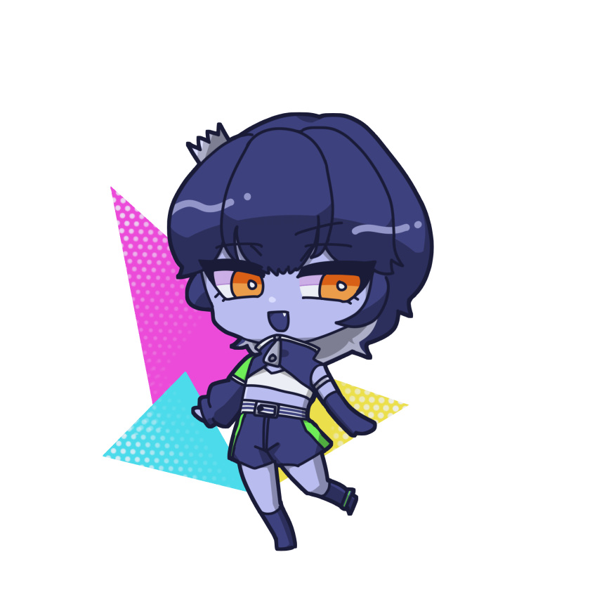 1girl anklet armlet blue_hair blue_skin chibi colored_skin commentary_request crop_top cropped_jacket crown elbow_gloves fang gloves highres indie_virtual_youtuber jewelry long_sleeves looking_at_viewer open_mouth orange_eyes shorts simple_background single_sleeve smile solo standing sumeragi_yuzuru sumeragi_yuzuru_(artist) virtual_youtuber white_background zipper