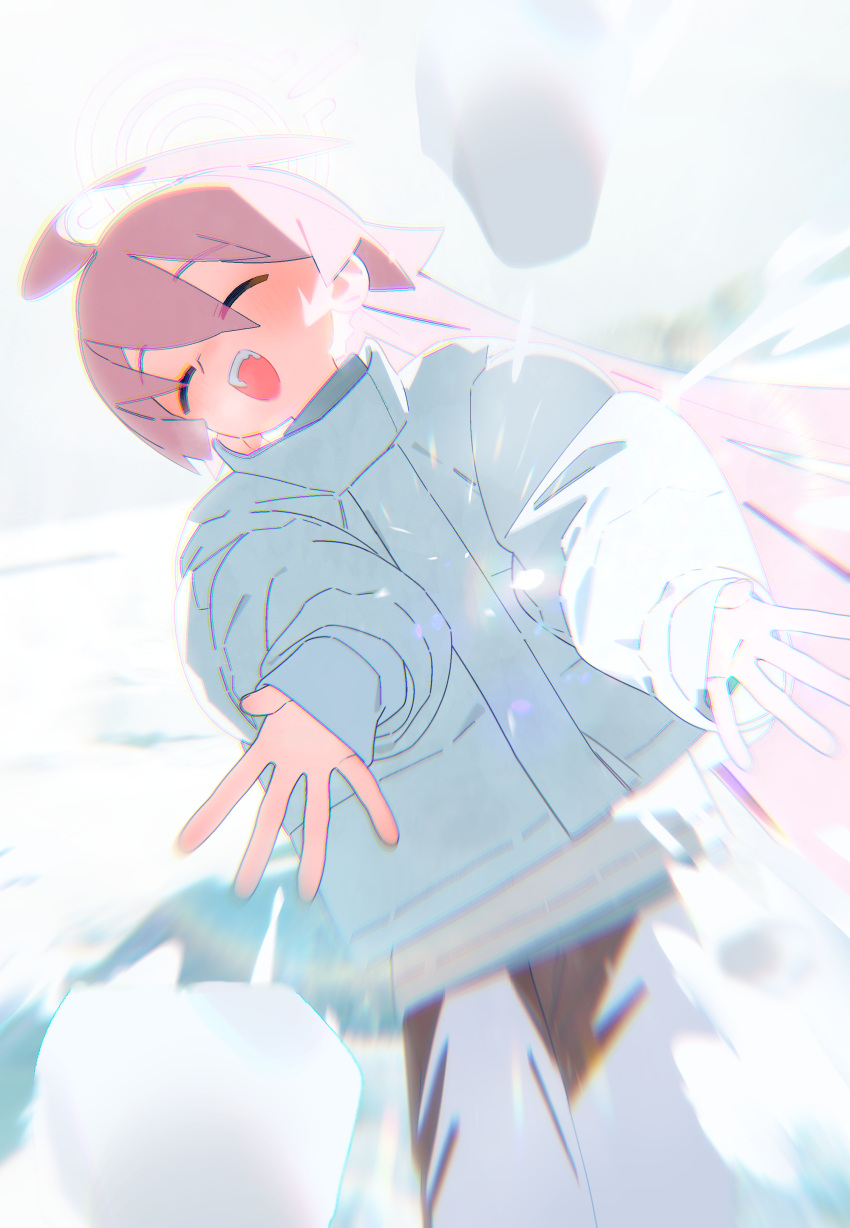 1girl absurdres ahoge blue_archive blush bm_tol brown_pants closed_eyes hair_between_eyes halo highres hoshino_(blue_archive) jacket long_hair long_sleeves open_mouth pants pink_hair pink_halo smile snow snowball snowball_fight solo white_jacket
