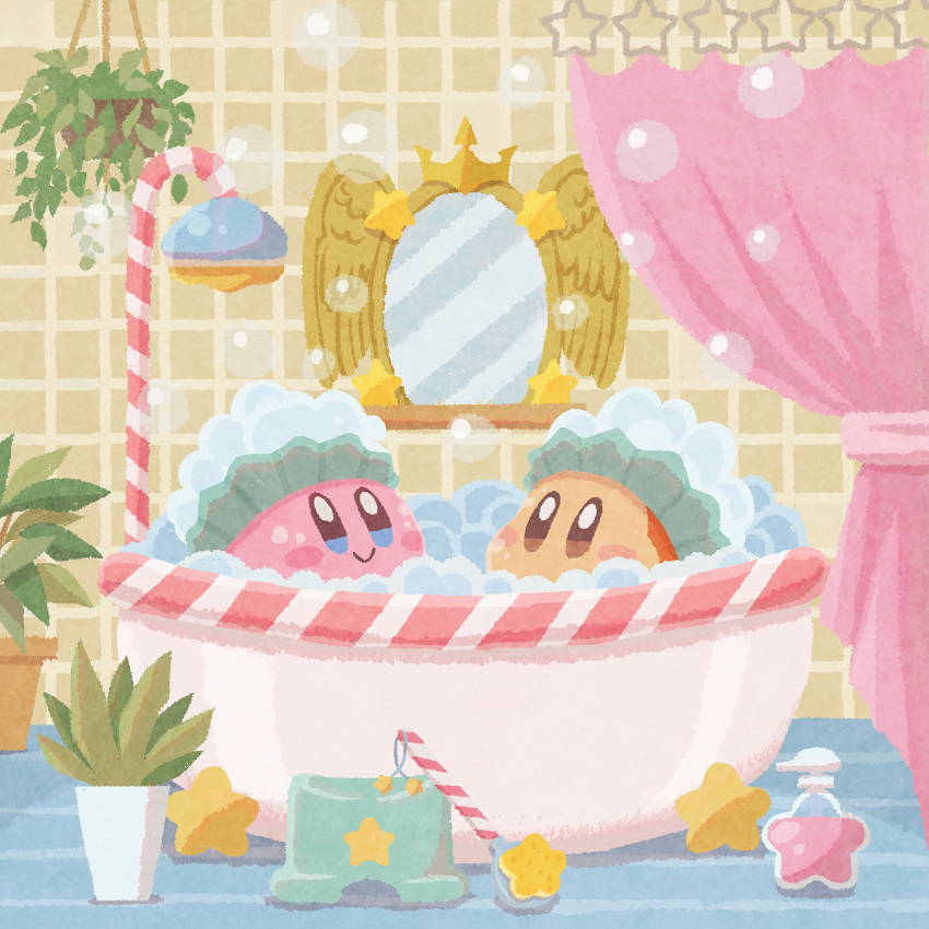 back_scrubber bath bathing bathroom bubble_bath closed_mouth highres indoors kirby kirby_(series) miclot mirror no_humans plant potted_plant shower_curtain smile soap waddle_dee