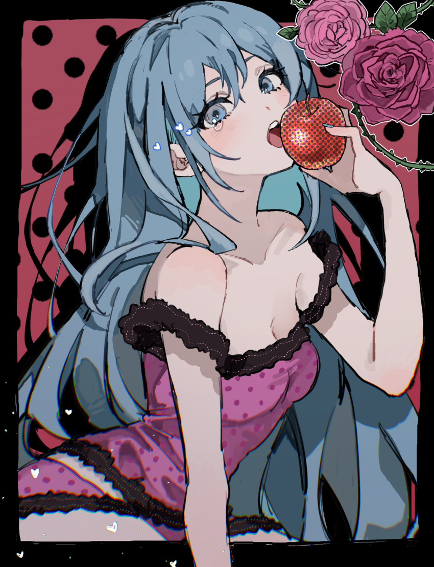 apple aqua_eyes aqua_hair aqua_nails biting blush chromatic_aberration collarbone eating flower food frilled_pajamas fruit hair_between_eyes halftone_texture hatsune_miku heart highres holding holding_food holding_fruit inu_totemo long_hair looking_at_viewer looking_to_the_side open_mouth pajamas pink_pajamas polka_dot polka_dot_background polka_dot_pajamas red_apple red_background red_flower red_rose rose skinny strap_slip teardrop thorns very_long_hair vocaloid