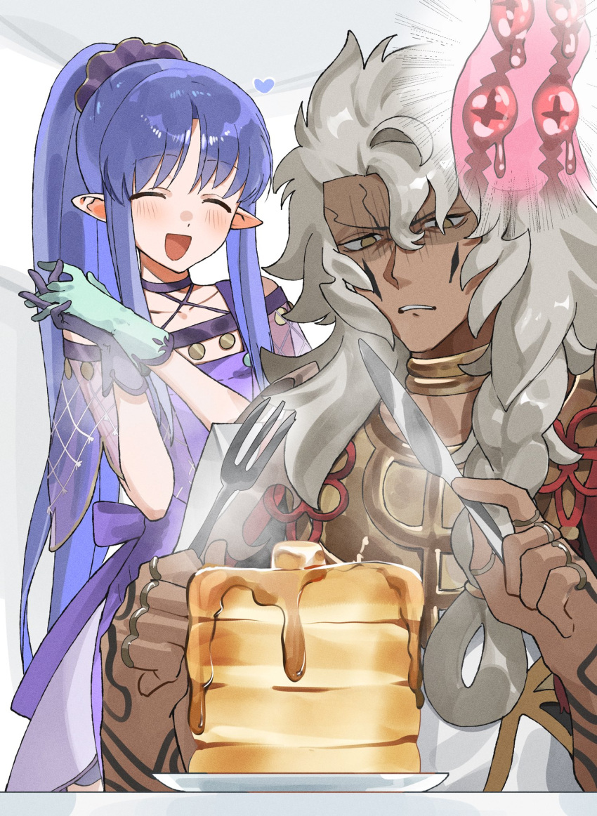 1boy 1girl arm_tattoo asymmetrical_gloves blue_hair braid brown_eyes butter capelet closed_eyes commentary_request commission cutlery dark-skinned_male dark_skin demon_pillar_(fate) dress facial_mark fate/grand_order fate_(series) food fork gloves grand_caster_(fate) green_gloves grey_hair hair_between_eyes hair_ornament hair_scrunchie hands_up heart high_ponytail highres holding holding_fork holding_knife interlocked_fingers jewelry knife light_blush long_hair looking_at_food looking_down medea_(fate) medea_lily_(fate) mismatched_gloves multiple_rings neck_ring no_pupils off-shoulder_capelet open_mouth own_hands_together pancake pancake_stack parted_lips plate pointy_ears ponytail purple_dress purple_gloves purple_scrunchie ring scrunchie second-party_source see-through_capelet see-through_clothes skeb_commission smile solomon_(fate) strapless strapless_dress syrup table_knife tattoo tokoni_fusu turn_pale