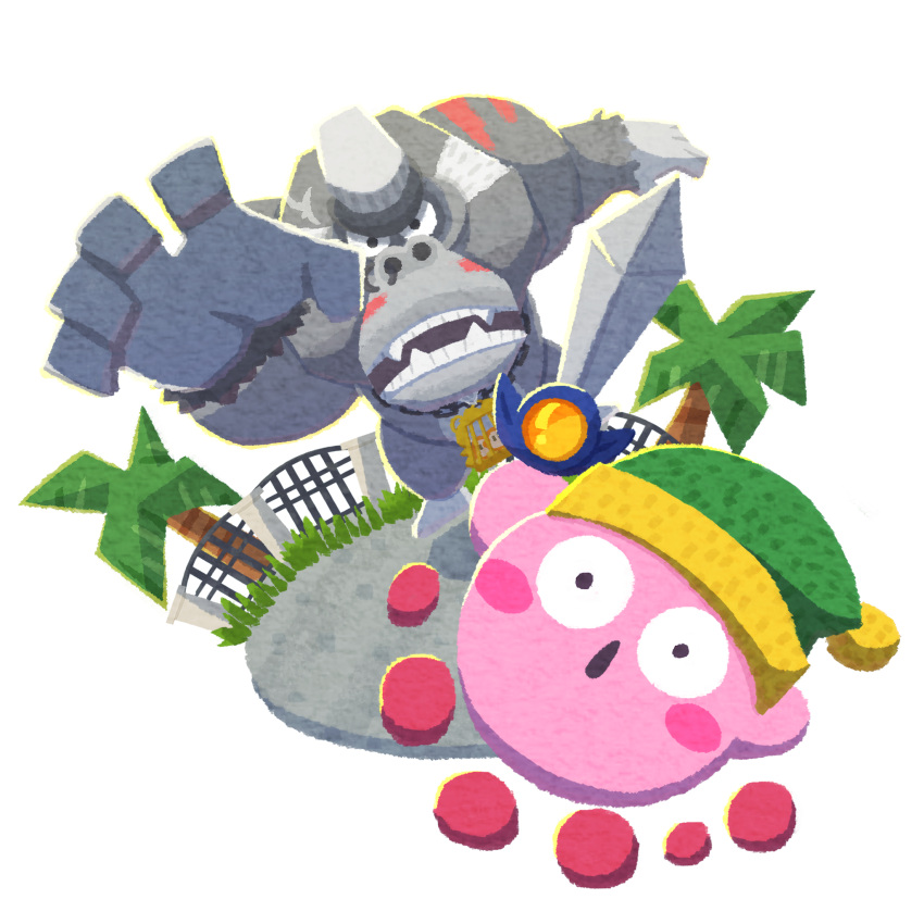 afterimage blush_stickers cage gate gorilla gorimondo green_headwear hat highres holding holding_sword holding_weapon kirby kirby_(series) kirby_and_the_forgotten_land miclot open_mouth palm_tree simple_background sword sword_kirby tree waddle_dee weapon white_background