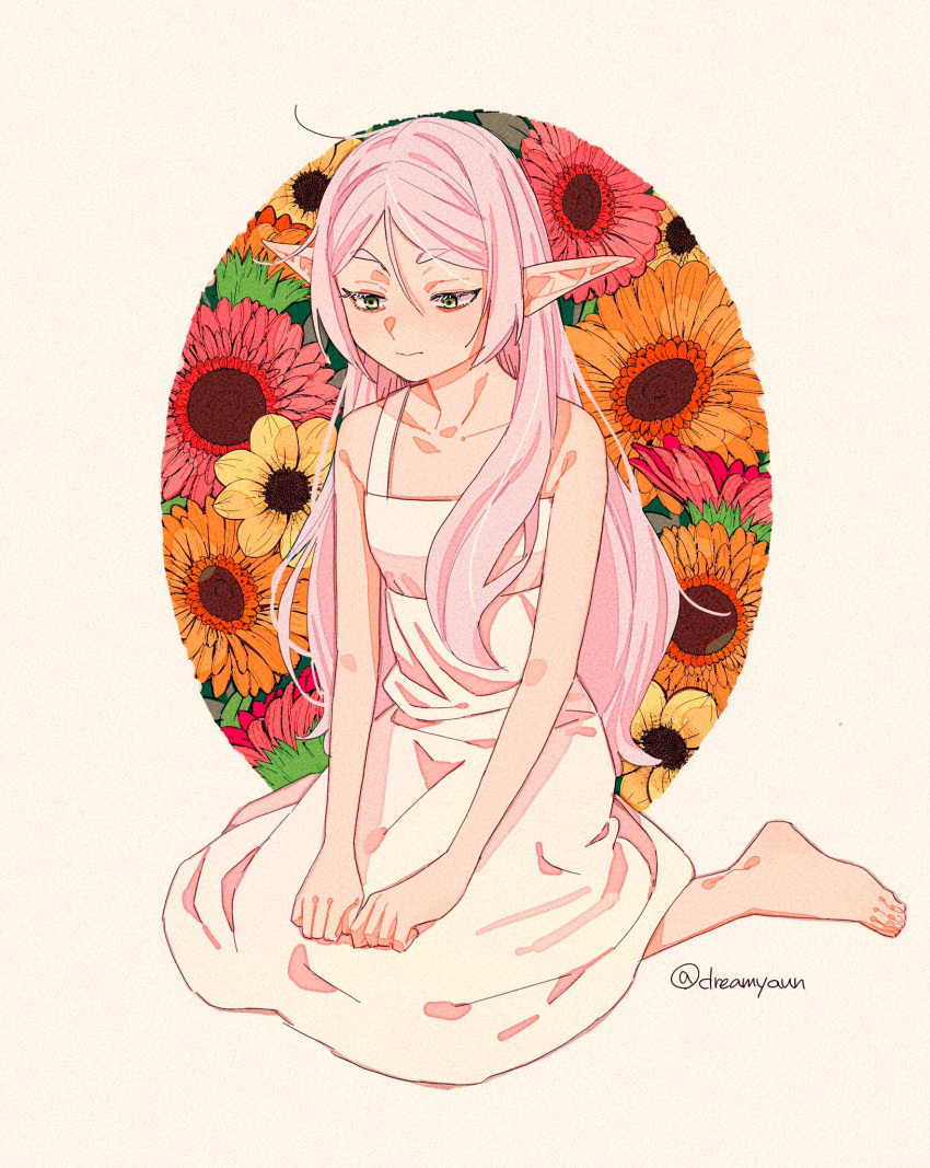 1girl bare_shoulders barefoot closed_mouth collarbone commentary_request dress elf flower frieren full_body green_eyes hair_between_eyes hair_down hands_on_own_legs highres long_hair looking_down ojizou orange_flower parted_bangs pink_hair pointy_ears red_flower sitting sleeveless sleeveless_dress solo sousou_no_frieren v_arms wariza white_dress yellow_flower