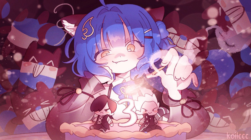 >_< :3 ^_^ ahoge animal_ears birthday_cake black_ribbon blue_bow blue_hair blush blush_stickers bow cake candle chromashift closed_eyes closed_mouth commentary commission devil_may_cry_(series) english_commentary eyelashes fandit_(poko_rakun) fang fingernails fire food grin hair_intakes hair_ornament head_rest holding_matchstick koilccc leaf_hair_ornament lighting_candle long_sleeves number_candle poko_rakun raccoon_ears raccoon_girl ribbon second-party_source see-through_clothes see-through_sleeves smile smoke teeth thick_eyebrows v_(devil_may_cry) vergil_(devil_may_cry) virtual_youtuber yellow_eyes