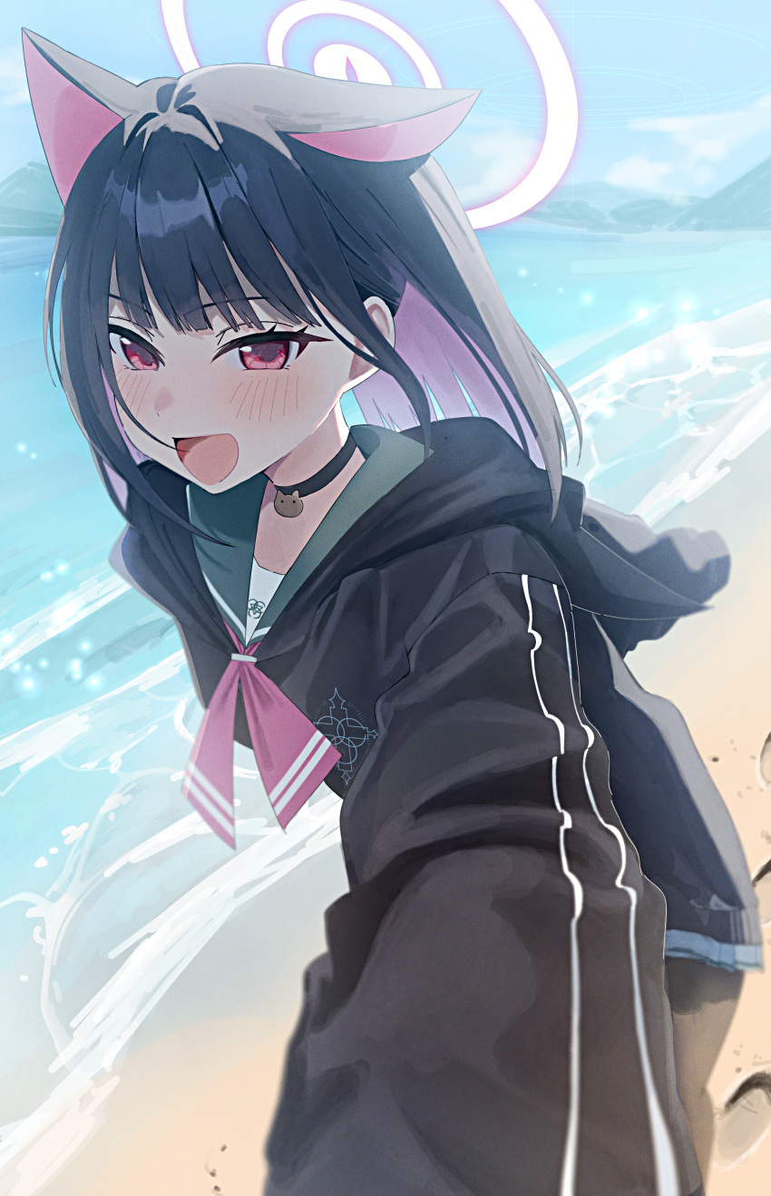 1girl absurdres animal_ears beach black_choker black_hair black_jacket blue_archive blunt_bangs cat_ears cat_girl choker colored_inner_hair commentary_request extra_ears floating_hair halo highres hood hood_down hooded_jacket jacket kashio_(92984798) kazusa_(blue_archive) long_sleeves looking_at_viewer multicolored_hair neckerchief open_mouth outdoors pink_eyes pink_hair pink_neckerchief reaching reaching_towards_viewer short_hair solo standing upper_body water