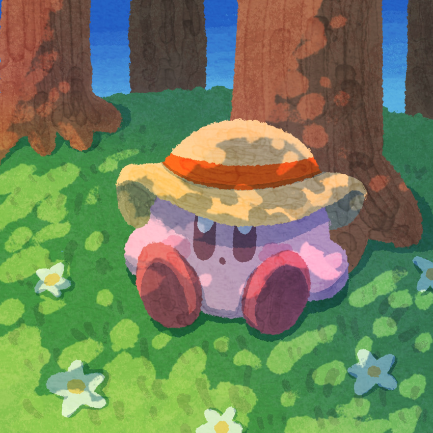 blush_stickers dappled_sunlight flower forest grass hat highres kirby kirby_(series) miclot nature no_humans open_mouth pink_footwear shoes sitting sun_hat sunlight tree white_flower