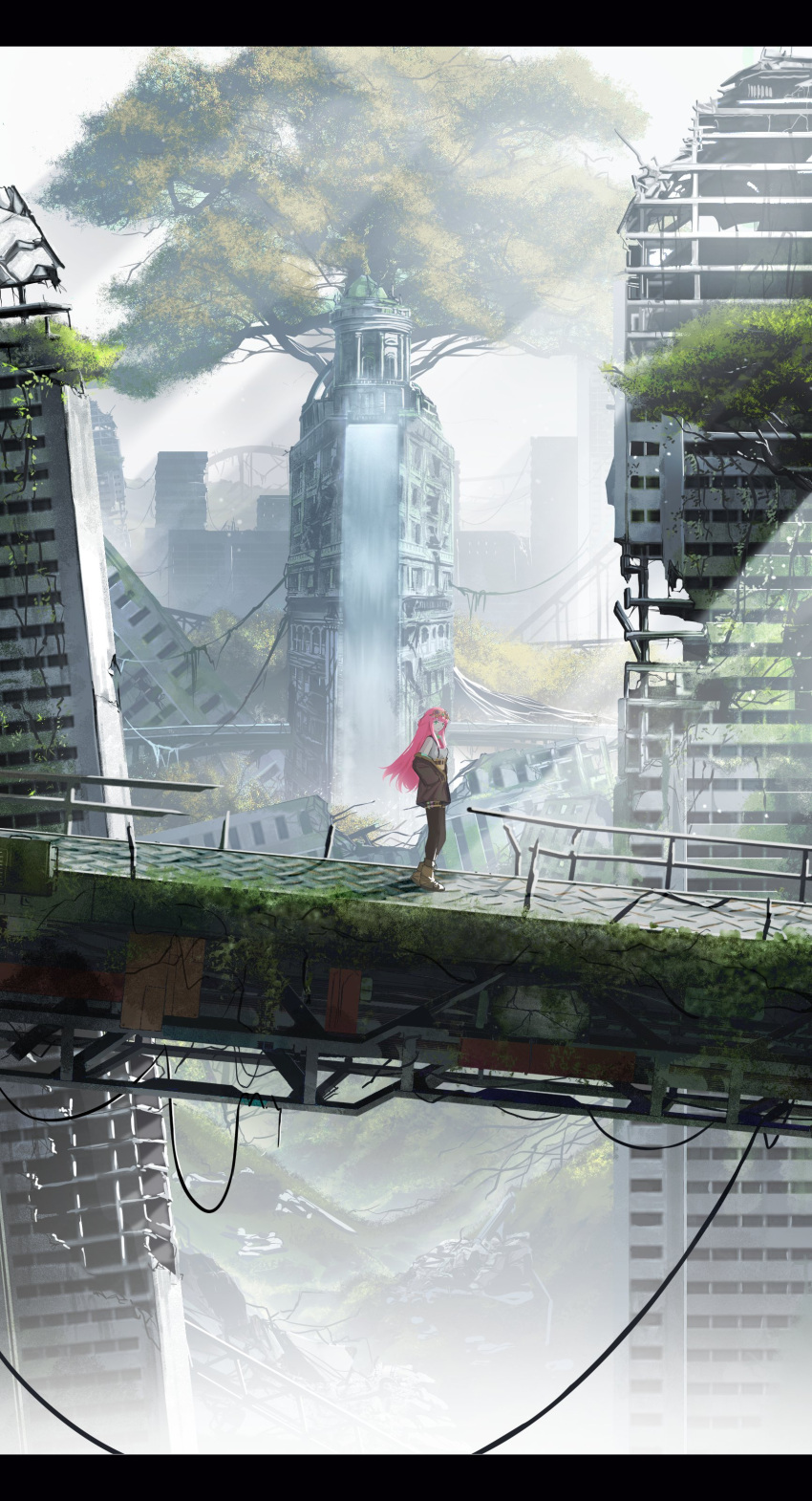 1girl absurdres aivy_lovencraft fanart goggles goggles_on_head grayl highres indie_virtual_youtuber long_hair pink_hair ruins scenery standing tree virtual_youtuber vtuber vtuberfanart