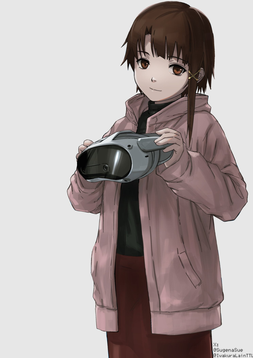 1girl brown_eyes brown_hair clopen28 commentary_request hair_ornament head-mounted_display highres iwakura_lain jacket light_smile looking_at_viewer open_clothes open_jacket serial_experiments_lain short_hair skirt solo x_hair_ornament