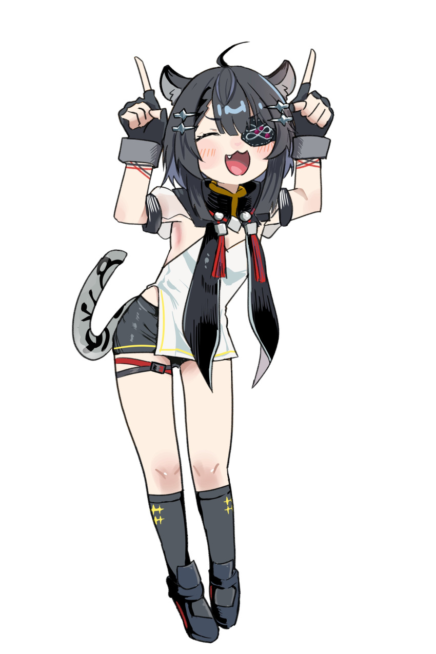 1girl :3 :d ^_^ absurdres ahoge animal_ears arknights arknights:_endfield black_gloves black_hair black_shorts blush breasts closed_eyes commentary_request eyepatch fang gloves hair_ornament hairpin highres horns_pose medium_hair misaki150280 open_mouth shorts simple_background sleeveless smile tail tangtang_(arknights) thigh_strap tiger_ears tiger_girl tiger_tail v-shaped_eyebrows white_background