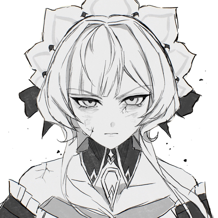 1girl bare_shoulders blue_eyes bonnet closed_mouth commentary_request cracked_skin detached_collar genshin_impact greyscale highres iragashi_m_m long_hair monochrome portrait sandrone_(genshin_impact) serious simple_background solo straight-on v-shaped_eyebrows white_background