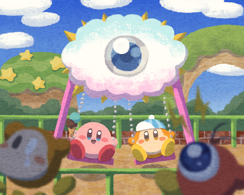 afterimage baseball_cap blue_eyes blue_headwear blush_stickers clouds electricity food hat ice_cream kirby kirby_(series) kracko looking_at_viewer miclot no_humans open_mouth orange_eyes outdoors park smile star_(symbol) swing waddle_dee waddle_doo