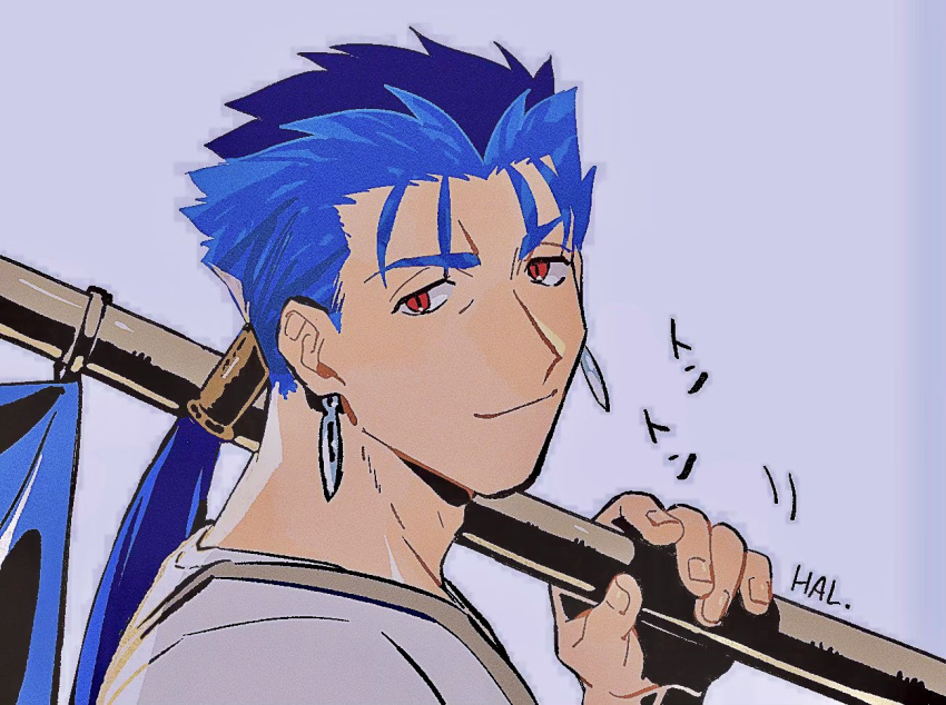 1boy adam's_apple cu_chulainn_(fate) fate/stay_night fate_(series) fingernails flag from_side grey_background hal_(haaaalhal) holding holding_flag long_hair looking_at_viewer male_focus over_shoulder ponytail red_eyes shirt silver_earrings simple_background slit_pupils solo upper_body white_shirt