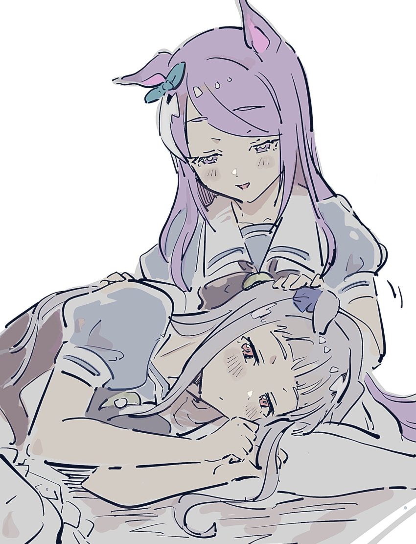 2girls an_(tmso_ntm) animal_ears blue_bow blue_shirt blush bow closed_mouth collared_shirt gold_ship_(umamusume) grey_hair hair_bow hand_in_another's_hair highres horse_ears horse_girl horse_tail lap_pillow long_hair looking_at_another looking_down lying mejiro_mcqueen_(umamusume) multiple_girls on_side open_mouth pink_eyes purple_bow purple_hair school_uniform shade shadow shirt shirt_bow short_sleeves sitting sketch skirt smile tail umamusume violet_eyes white_background white_skirt