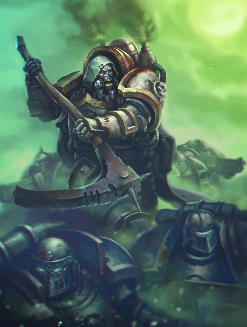 adeptus_astartes armor blowing_smoke breastplate chaos_(warhammer) cloak couter cowboy_shot crotch_plate cuirass cuisses death_guard fumes gauntlets gold_trim green_armor green_sky grohgrog helm helmet highres holding holding_scythe hood hooded_cloak insect_wings leg_armor male_focus mortarion outdoors pauldrons poleyn power_armor primarch rebreather rerebrace respirator scythe shoulder_armor silence_(weapon) skull smokestack spikes warhammer_40k wings