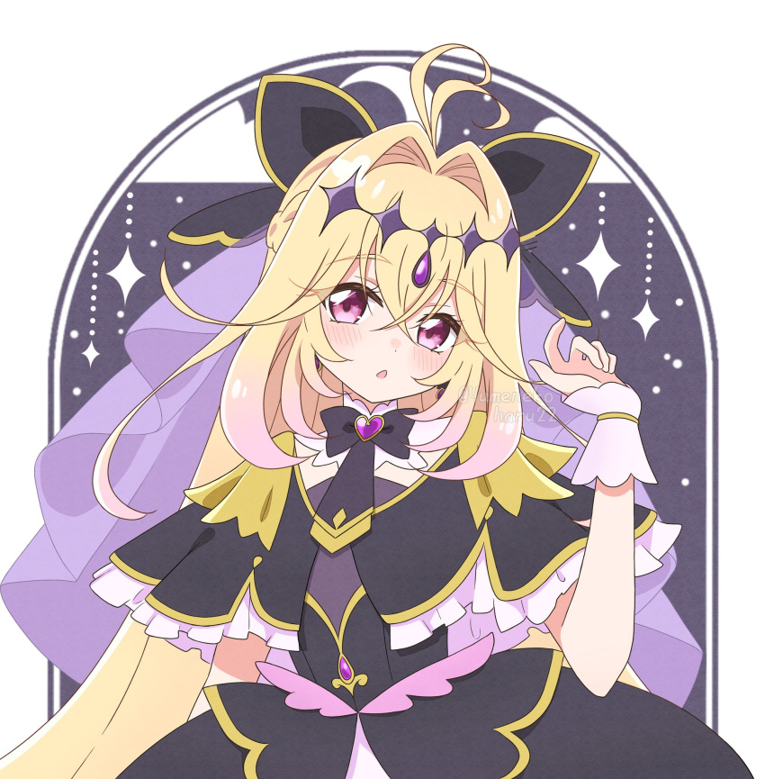 1girl :o antenna_hair black_bow black_bowtie black_capelet black_dress blonde_hair bow bowtie capelet chest_jewel cure_arcana_shadow dress eyelashes frilled_capelet frills gradient_hair hair_between_eyes hair_bow hair_intakes highres light_blush long_hair looking_at_viewer magical_girl meitantei_precure! moria_luluka multicolored_hair parted_lips pink_eyes pink_hair precure sizuki_haru solo sparkle sparkle_hair_ornament twitter_username two-tone_hair upper_body very_long_hair watermark white_wrist_cuffs wrist_cuffs
