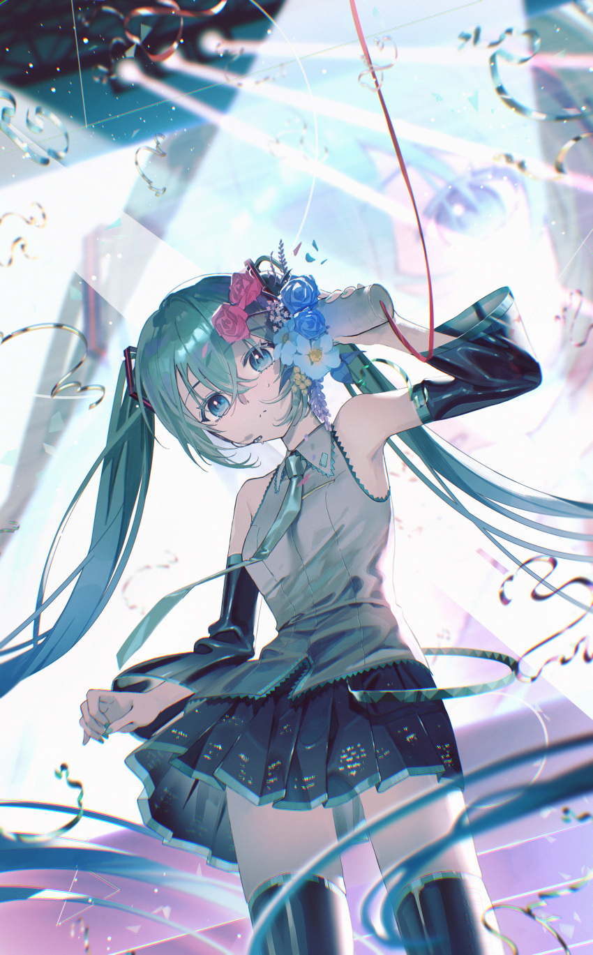 1girl absurdres aqua_eyes aqua_hair aqua_nails aqua_necktie armpits aro_16666 bare_shoulders black_skirt black_sleeves black_thighhighs blue_eyes blue_flower blue_nails blue_rose collared_shirt commentary cowboy_shot detached_sleeves flower grey_shirt hair_between_eyes hair_flower hair_ornament hatsune_miku headset highres holding holding_microphone long_hair looking_at_viewer microphone miniskirt necktie pink_flower pleated_skirt red_flower red_rose rose screen_zoom shirt skirt sleeveless sleeveless_shirt smile solo thigh-highs twintails very_long_hair vocaloid water_drop white_flower zettai_ryouiki
