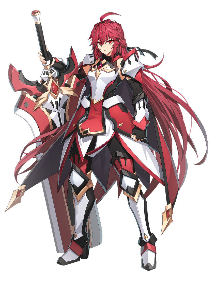 1girl absurdres ahoge armor armored_boots armored_dress black_gloves boots claymore_(sword) clenched_hand detached_sleeves elesis_sieghart fingerless_gloves gem gloves gold_trim grand_chase highres holding holding_weapon light_smile long_hair looking_at_viewer mvrleson official_art red_eyes red_gemstone red_trim redhead shoulder_armor solo sword transparent_background very_long_hair weapon wrist_guards