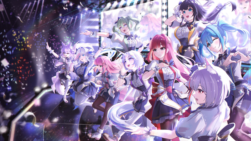 6+girls absurdres ahoge akane_lize animal_ear_fluff animal_ears aokumo_rin arahashi_tabi ayatsuno_yuni back_bow black_bow black_hair black_pantyhose blonde_hair blue_eyes blue_hair blue_skirt bow bowtie braid breasts cat_ears cat_girl center_frills cone_hair_bun double_bun fox_tail frilled_skirt frills glowstick green_eyes green_hair grey_eyes grey_hair hair_bow hair_bun hair_ornament hair_rings hairclip hanako_nana heart heart_hands heterochromia high-waist_skirt highres horse_tail hyin idol_clothes large_breasts long_hair multicolored_hair multiple_girls neneko_mashiro one_eye_closed pantyhose pink_hair puffy_short_sleeves puffy_sleeves purple_bow purple_bowtie purple_hair red_bow red_bowtie red_eyes red_hair screen_zoom shirayuki_hina shirt shoes short_hair short_sleeves side_ponytail skirt stage stage_lights stellive streaked_hair tail tenko_shibuki twintails unicorn_girl unicorn_horn very_long_hair violet_eyes virtual_youtuber white_hair white_shirt white_shoes white_wrist_cuffs wrist_cuffs x_hair_ornament yellow_bow yellow_bowtie yellow_eyes yuzuha_riko