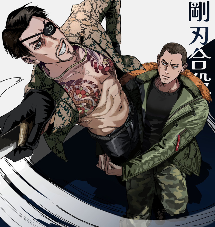 2boys beard belt black_gloves black_hair black_pants black_sweater buzz_cut camouflage camouflage_pants chest_tattoo commentary_request cowboy_shot dagger eyepatch facial_hair gloves green_jacket green_pants grin highres holding holding_dagger holding_knife holding_weapon jacket jewelry knife long_sleeves looking_at_viewer majima_goro male_focus multiple_boys mustache necklace one_eye_covered open_clothes open_jacket pants ryuu_ga_gotoku_(series) ryuu_ga_gotoku_7 saejima_taiga short_hair smile standing sweater tattoo teeth ugoupa v-shaped_eyebrows very_short_hair weapon yellow_jacket