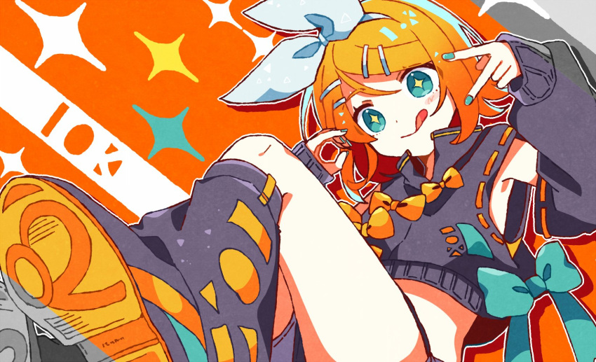 +_+ 1girl arusechika black_shirt black_shoes black_sleeves black_socks blonde_hair blush bow bow_hairband bowtie closed_mouth commentary_request crop_top cropped_shirt detached_sleeves dot_nose drop_shadow foot_out_of_frame green_eyes green_nails hair_ornament hairband hairclip hands_up highres kagamine_rin kneehighs long_sleeves nail_polish orange_background orange_bow orange_bowtie outline parallel_hairclips shirt shoe_soles shoes short_hair sitting sleeveless sleeveless_shirt sleeves_past_wrists smile socks solo sparkle v vocaloid white_hairband white_outline