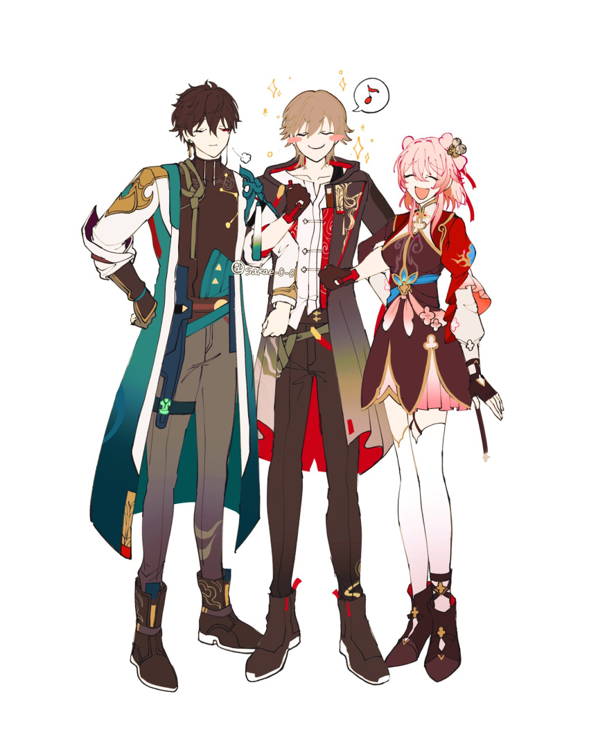 1girl 2boys black_boots black_dress black_gloves black_jacket black_pants black_shirt blush_stickers boots breasts brown_hair caelus_(honkai:_star_rail) caelus_(vim_and_vigor)_(honkai:_star_rail) chinese_clothes closed_eyes coat dan_heng_(honkai:_star_rail) dan_heng_(hunt)_(honkai:_star_rail) dress eyeliner facing_viewer fingerless_gloves full_body gloves grey_hair grey_pants hair_ornament hand_on_own_hip highres honkai:_star_rail honkai_(series) jacket locked_arms makeup march_7th_(honkai:_star_rail) march_7th_(hunt)_(honkai:_star_rail) medium_breasts medium_hair multiple_boys musical_note official_alternate_costume open_mouth outfit_connection pants pink_hair red_eyeliner red_jacket sakae_0_0 shirt short_hair side-by-side simple_background smile sparkle speech_bubble spoken_musical_note thigh-highs trailblazer_(honkai:_star_rail) white_background white_coat white_shirt white_thighhighs