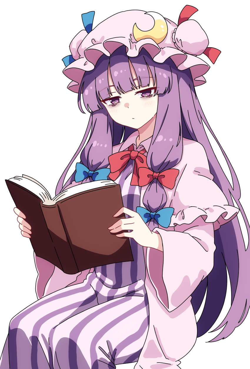 1girl absurdres bags_under_eyes blue_bow book bow bowtie capelet commentary crescent crescent_hat_ornament dress hair_bow hat hat_ornament highres holding holding_book long_hair long_sleeves mob_cap open_book patchouli_knowledge pink_capelet pink_dress pink_hat pioartstuff purple_dress purple_hair reading red_bow red_bowtie simple_background sitting solo striped_clothes striped_dress touhou vertical-striped_clothes vertical-striped_dress very_long_hair violet_eyes white_background wide_sleeves