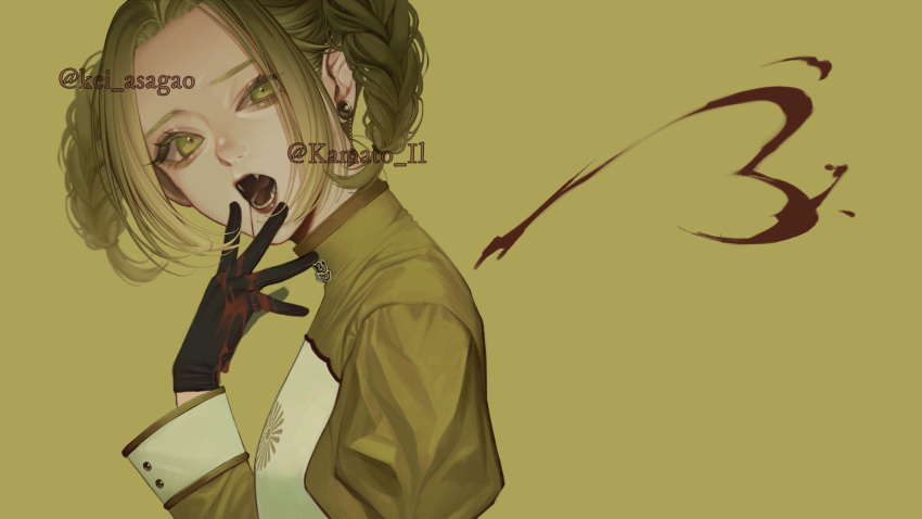 1girl black_gloves blonde_hair blood braid earrings fangs gloves highres jewelry kamato_il long_sleeves looking_at_viewer medium_hair open_mouth original simple_background solo twin_braids upper_body yellow_background yellow_eyes