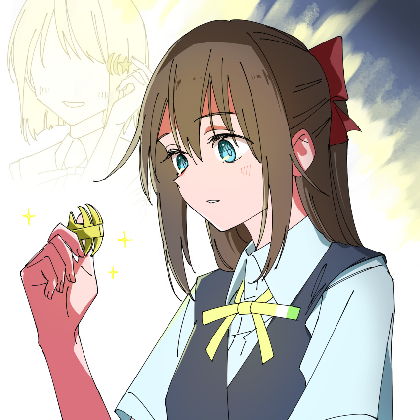 2girls black_vest blue_eyes blue_shirt bob_cut bow brown_hair collared_shirt commentary_request crescent crescent_hair_ornament hair_bow hair_ornament haruruhaharur highres holding holding_hair_ornament inverted_bob love_live! love_live!_nijigasaki_high_school_idol_club multiple_girls nakasu_kasumi neck_ribbon osaka_shizuku parted_lips red_bow ribbon shirt short_hair short_sleeves solo_focus star_(symbol) star_hair_ornament summer_uniform upper_body vest white_background yellow_ribbon