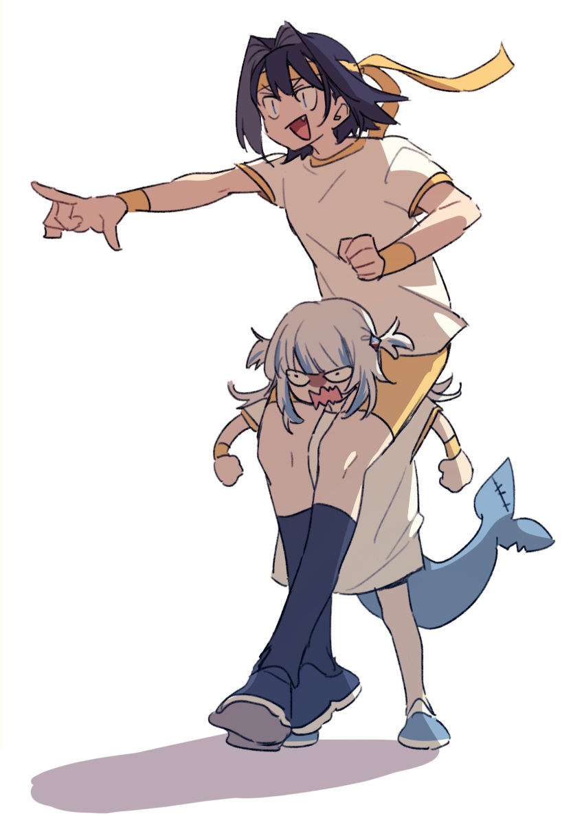 2girls absurdres blue_hair brmameng carrying fang fins fish_tail gawr_gura hair_intakes headband height_difference highres hololive hololive_english multiple_girls ouro_kronii oversized_clothes oversized_shirt pointing pointing_forward shark_tail shirt shorts shoulder_carry tail virtual_youtuber white_hair white_shirt wristband yellow_headband yellow_shorts