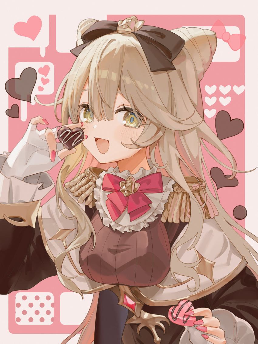1girl :d absurdres bell blonde_hair blue_pupils bow bowtie breasts brown_bow brown_dress candy chocolate cone_hair_bun dress eating epaulettes eyelashes fingerless_gloves food gloves hair_between_eyes hair_bow hair_bun hand_up hashtag-only_commentary heart heart-shaped_chocolate heart-shaped_food highres holding holding_chocolate holding_food light_blush long_sleeves looking_at_viewer medium_breasts neck_bell original pink_bow pink_bowtie pink_nails roena simple_background smile solo upper_body white_gloves yellow_eyes