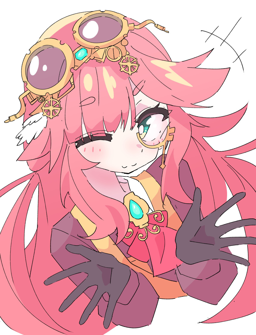 1girl absurdres aivy_lovencraft blush commentary fanart ferumon gloves goggles goggles_on_head green_eyes highres indie_virtual_youtuber long_hair looking_at_viewer monocle one_eye_closed pink_hair solo virtual_youtuber vtuber vtuberfanart white_background