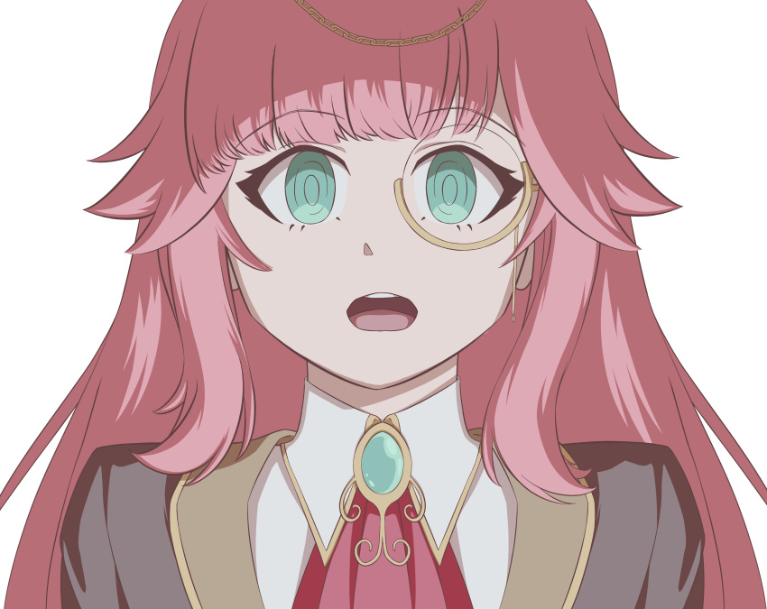1girl absurdres aivy_lovencraft fanart green_eyes hashtag-only_commentary highres indie_virtual_youtuber long_hair looking_at_viewer monocle open_mouth otelopen pink_hair virtual_youtuber vtuber vtuberfanart white_background