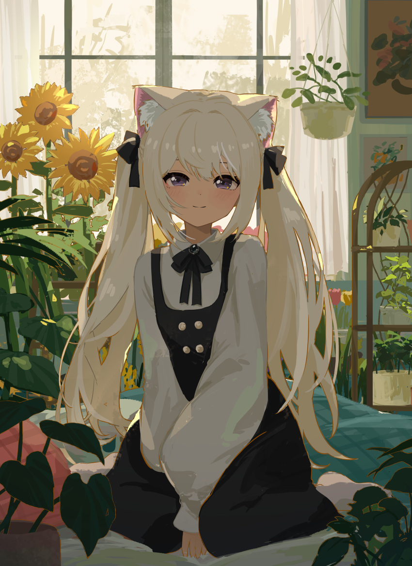 1girl absurdres animal_ears black_bow black_hair blonde_hair blush bow closed_mouth curtains dress hair_bow highres kgt_(pixiv12957613) long_hair long_sleeves looking_at_viewer no_shoes original plant scenery shirt sitting smile socks solo twintails violet_eyes wariza white_shirt window
