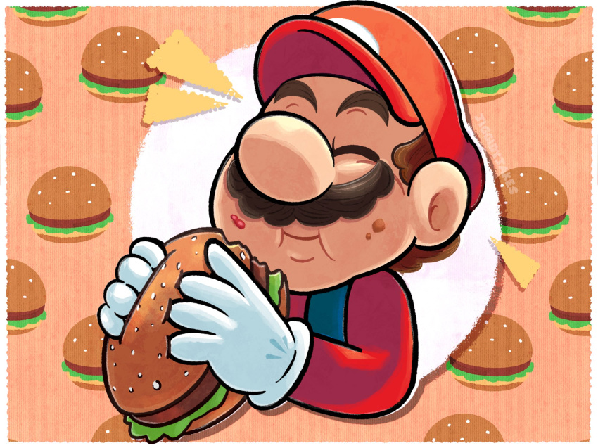 1boy brown_hair burger closed_eyes commentary eating facial_hair food food_in_mouth food_on_face hat highres holding holding_food jiggidyjakes male_focus mario mustache patterned_background sesame_seeds solo super_mario_bros. upper_body