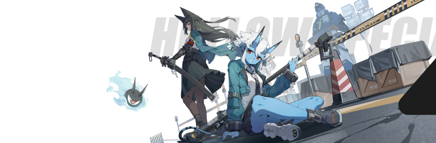 1boy 2girls animal_ears artist_request axe blue_oni blue_skin blunt_bangs braid collared_jacket collared_shirt colored_skin crate crossed_legs demon_tail ear_piercing gauntlets green_hair grin hair_between_eyes hammer highres holding holding_axe holding_sword holding_weapon horns hoshimi_miyabi jacket jacket_on_shoulders long_hair long_sleeves looking_back multiple_girls necktie official_art oni oni_horns piercing pleated_skirt pointy_ears red_eyes shirt short_hair skirt smile soukaku_(zenless_zone_zero) sword tail thigh-highs transparent_background weapon white_hair wrist_cuffs zenless_zone_zero