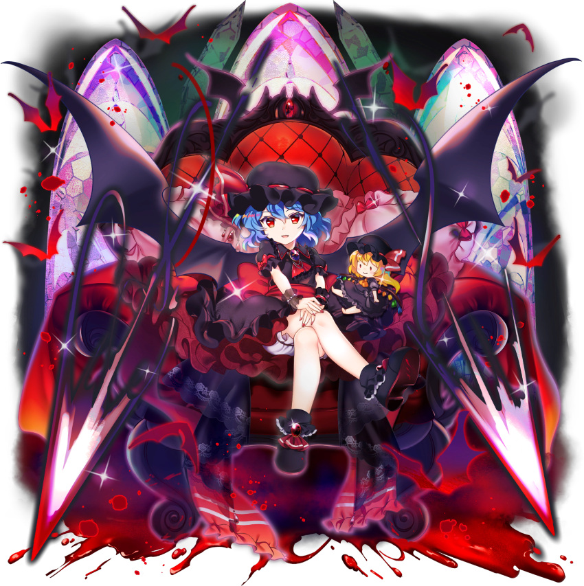 bat_wings blood chair flandre_scarlet gothic highres non-web_source remilia_scarlet rotte_(1109) stuffed_toy touhou touhou_lost_word vampire window wings
