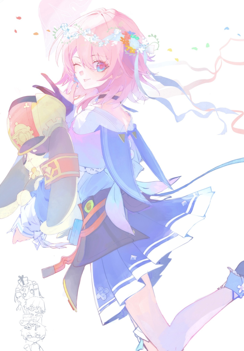 1other 2boys 2girls 32c1ff ;p animal_ears black_choker black_gloves blue_dress blue_eyes caelus_(honkai:_star_rail) chibi choker closed_eyes closed_mouth commentary_request dan_heng_(honkai:_star_rail) dan_heng_(next_stop_yi_county)_(honkai:_star_rail) dress drooling evernight_(honkai:_star_rail) floral_bow flower flower_on_head gift glasses gloves hair_between_eyes hat highres holding honkai:_star_rail honkai_(series) human_tower looking_back march_7th_(honkai:_star_rail) multicolored_hair multiple_boys multiple_girls one_eye_closed pink_eyes pink_hair pink_pupils pom-pom_(honkai:_star_rail) rabbit_ears shako_cap stacking standing standing_on_one_leg tongue tongue_out trailblazer_(honkai:_star_rail) u_u v